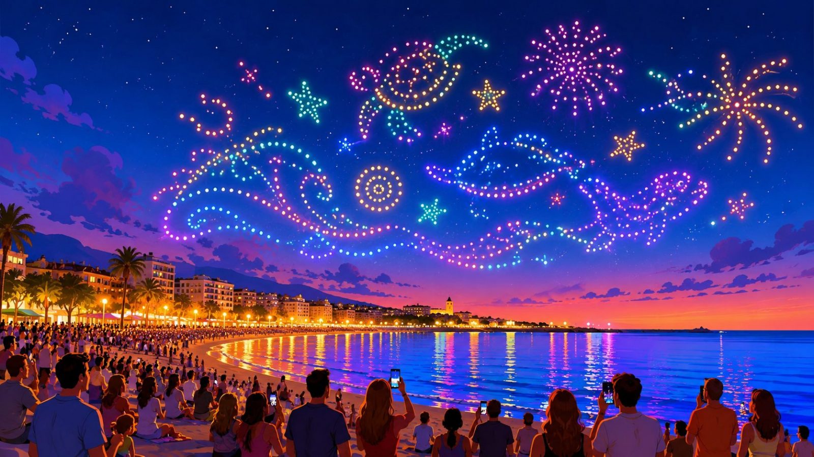 Ilustración artística de un espectáculo de drones sobre la playa del Morrongo en Benicarló