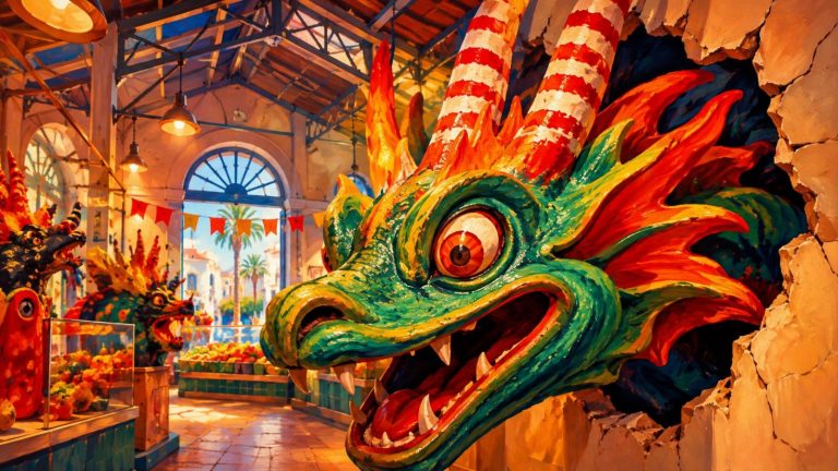 Ilustración artística de una bestia de fuego en la exposición del Mercado Municipal de Vinaròs