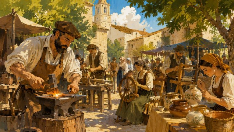 Ilustración artística de artesanos y oficios tradicionales durante la Feria de Oficios de Benassal