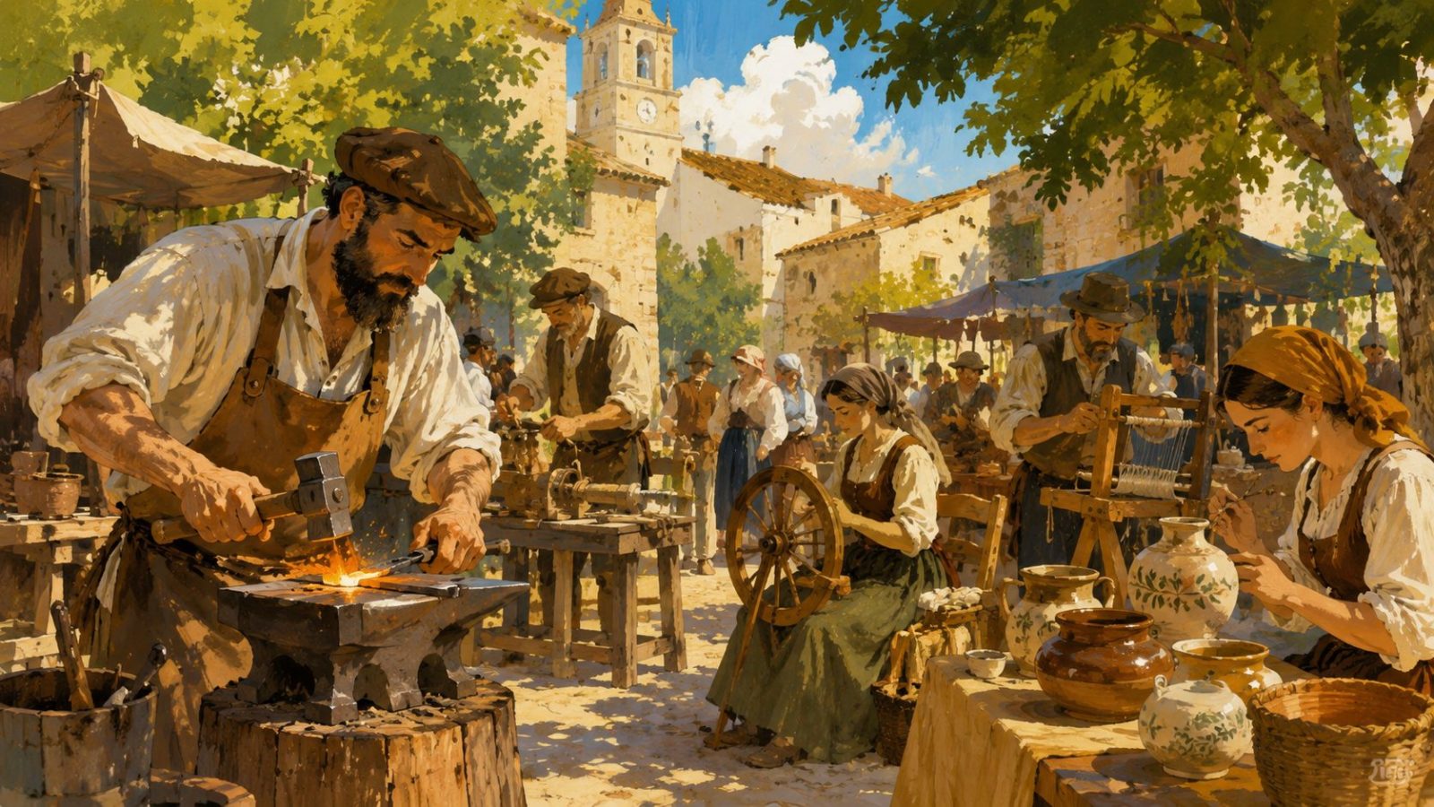 Ilustración artística de artesanos y oficios tradicionales durante la Feria de Oficios de Benassal
