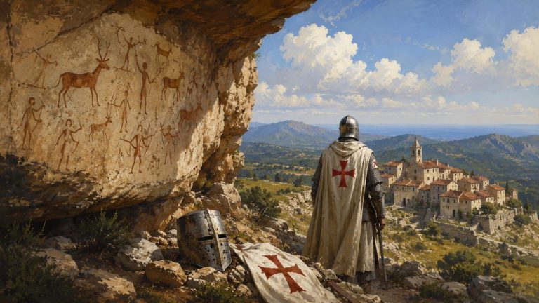Ilustración artística sobre la historia de La Serratella con pinturas rupestres y templarios