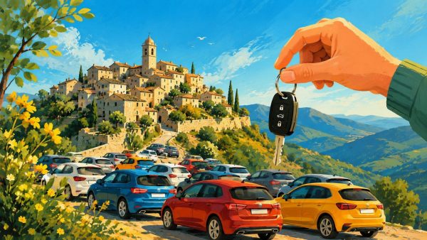 Ilustración artística de La Serratella con numerosos coches y paisaje del Alto Maestrat