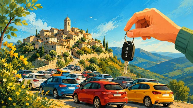 Ilustración artística de La Serratella con numerosos coches y paisaje del Alto Maestrat