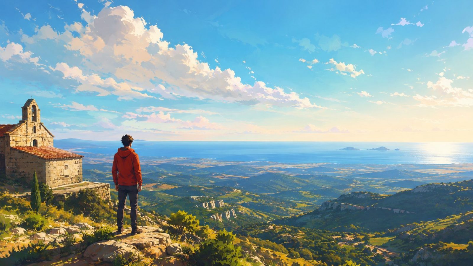 Ilustración artística de las vistas al Mediterráneo desde La Serratella en el Alto Maestrat
