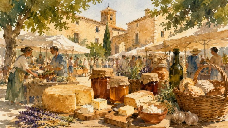 Ilustración artística de productos tradicionales y ambiente rural en Ares del Maestrat