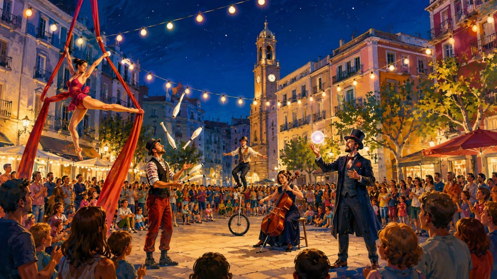 Ilustración artística de espectáculos nocturnos en las calles de Benicarló durante La Noche en Vela