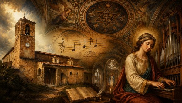 Ilustración artística inspirada en la nota del diablo en Bordón y la iglesia de la Virgen de la Carrasca