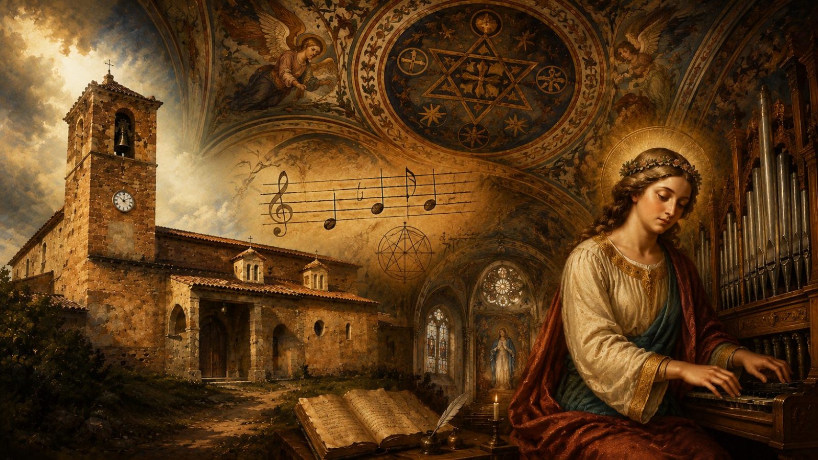 Ilustración artística inspirada en la nota del diablo en Bordón y la iglesia de la Virgen de la Carrasca