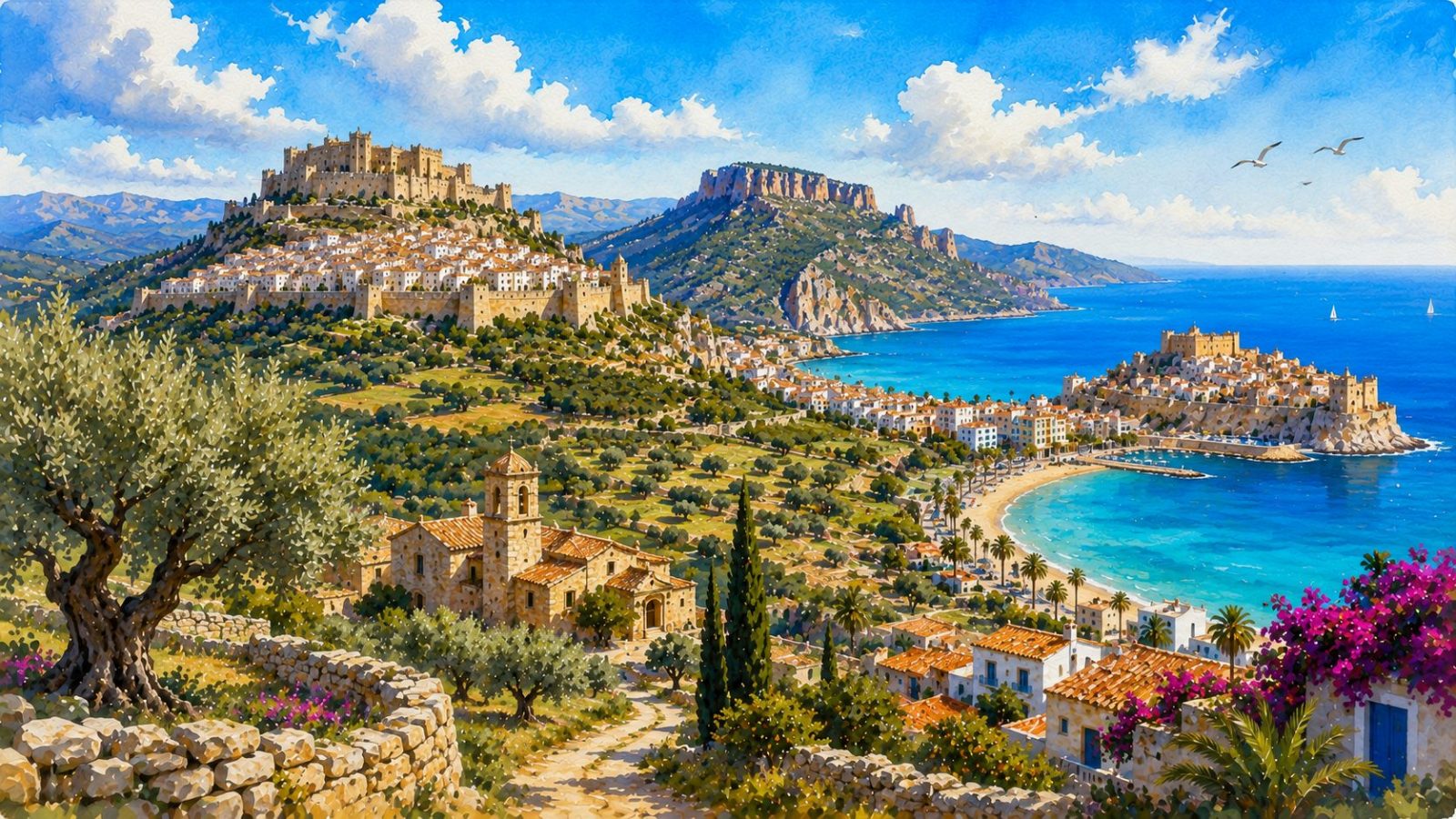Ilustración artística del Maestrat con costa mediterránea, pueblos históricos, montañas y paisajes rurales