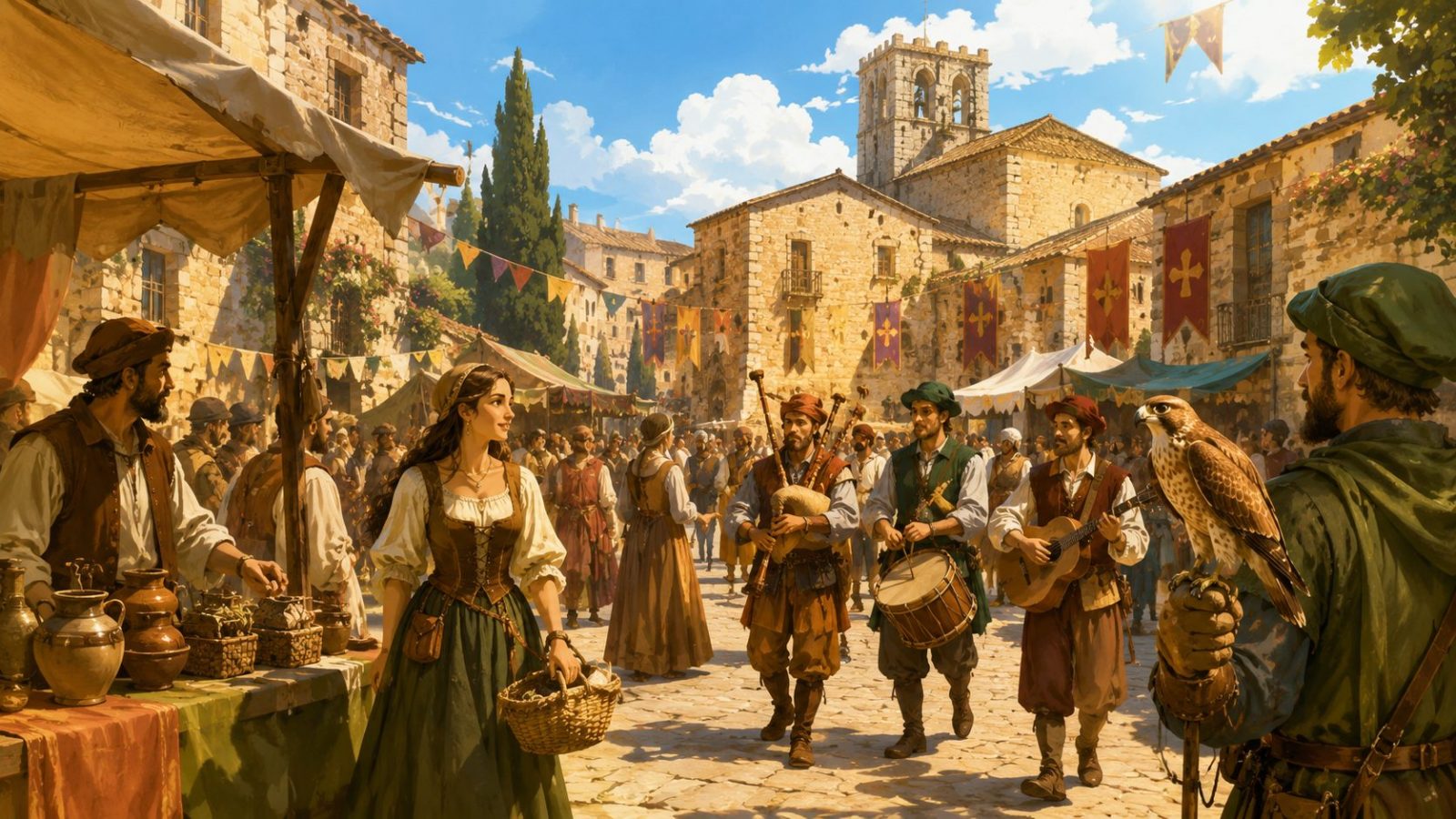 Ilustración artística del Sant Mateu Medieval 2026 con mercado, músicos, artesanos y ambiente histórico en el casco antiguo.