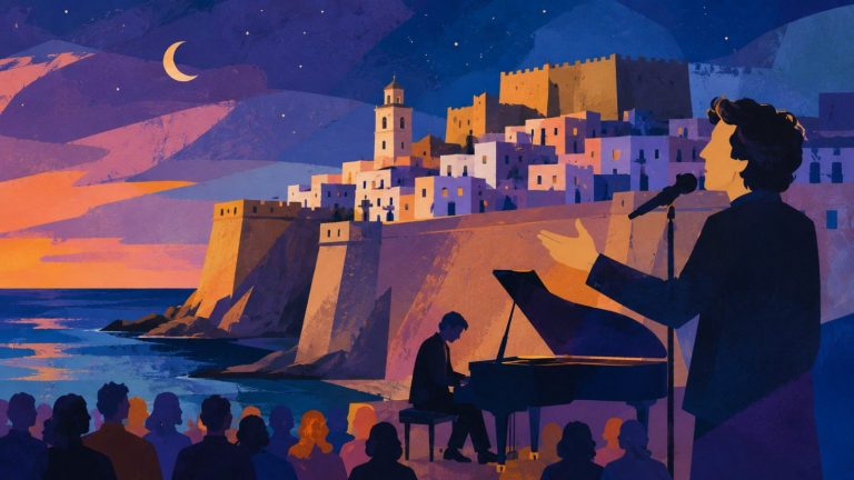 Ilustración artística de un concierto al aire libre junto al mar en Peñíscola al atardecer