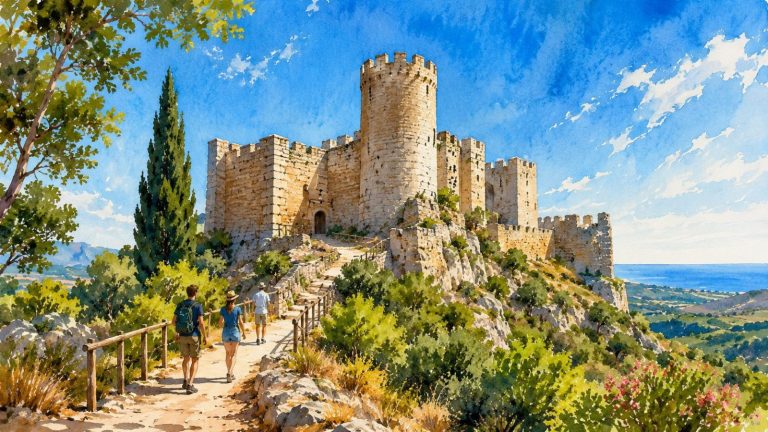 Ilustración artística de visitantes caminando hacia el Castillo de Xivert en una mañana de verano