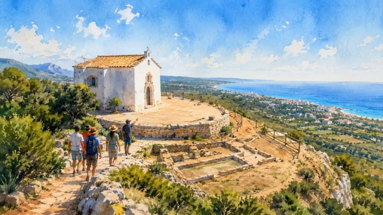 Ilustración artística de visitantes llegando a la Ermita de Santa Lucia y San Benito con vistas al Mediterráneo