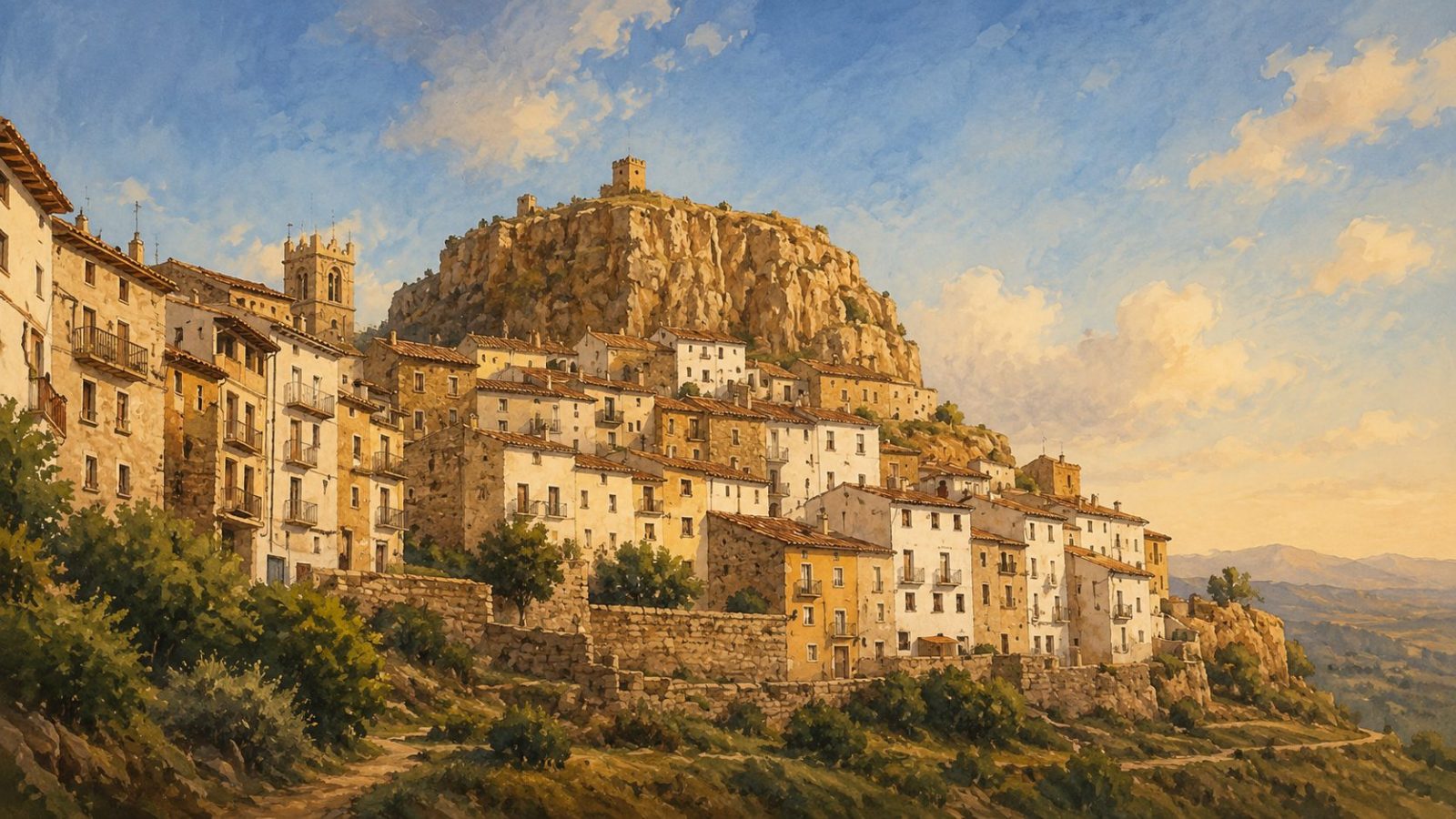 Ilustración artística de Ares del Maestrat durante una visita guiada por su casco histórico