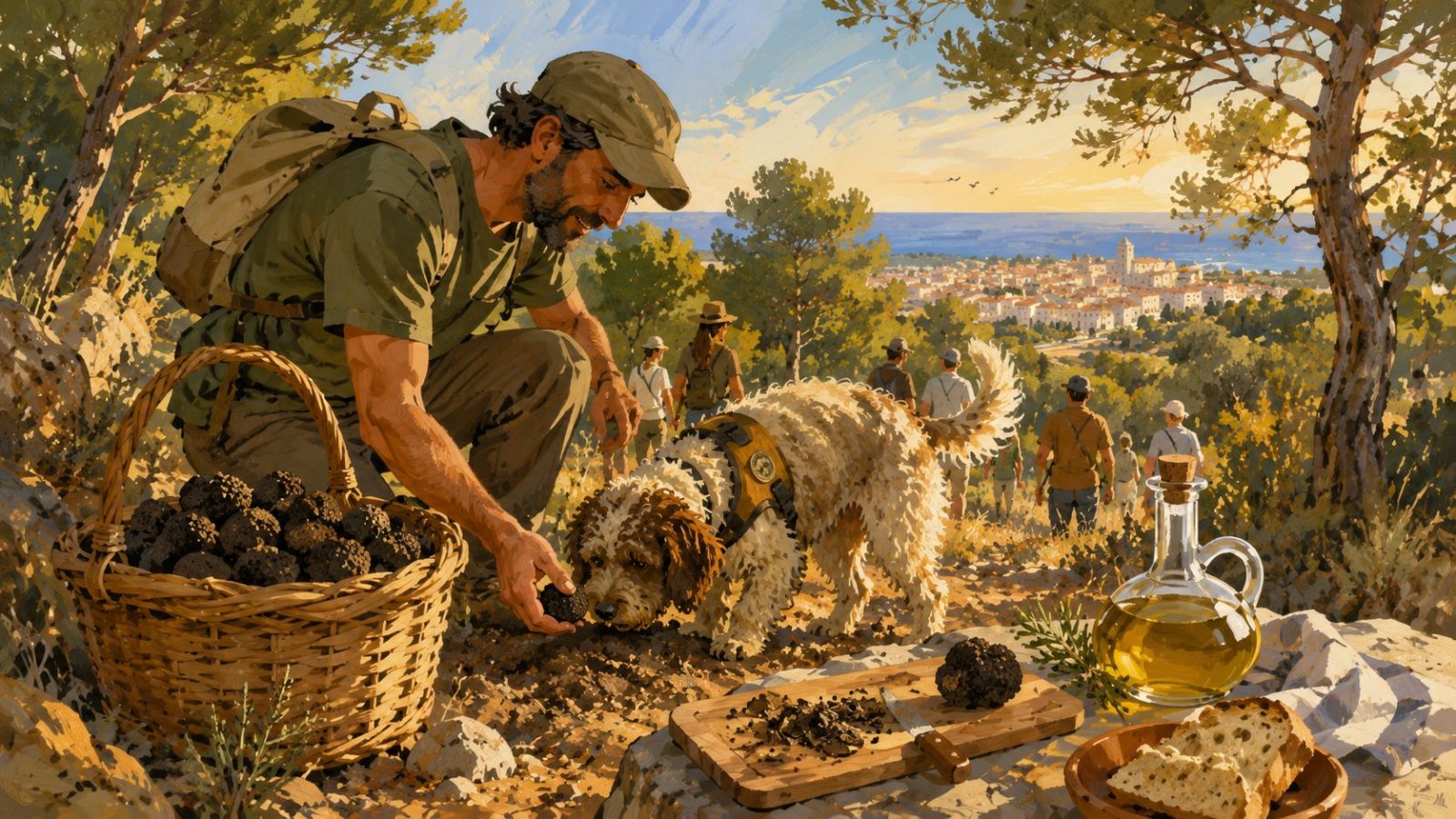 Ilustración artística de una experiencia de búsqueda de trufa en el entorno natural del Puig de Vinaròs