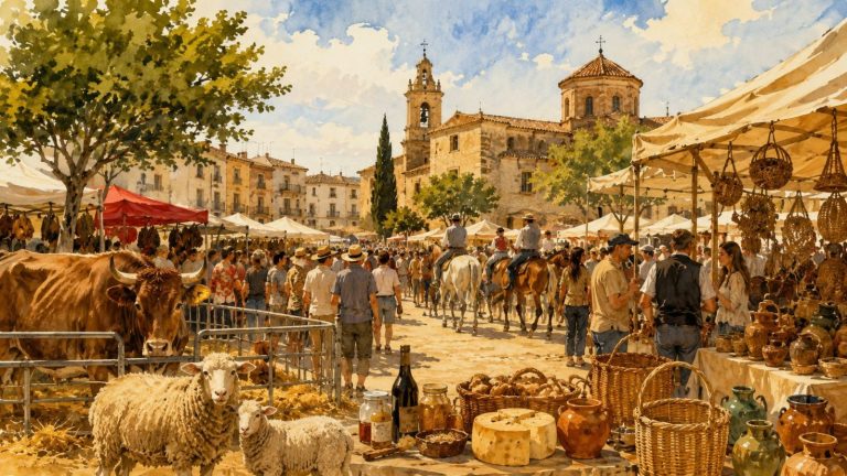 Ilustración de la Feria de la Magdalena de Vilafranca con puestos de artesanía, ganadería y ambiente festivo.