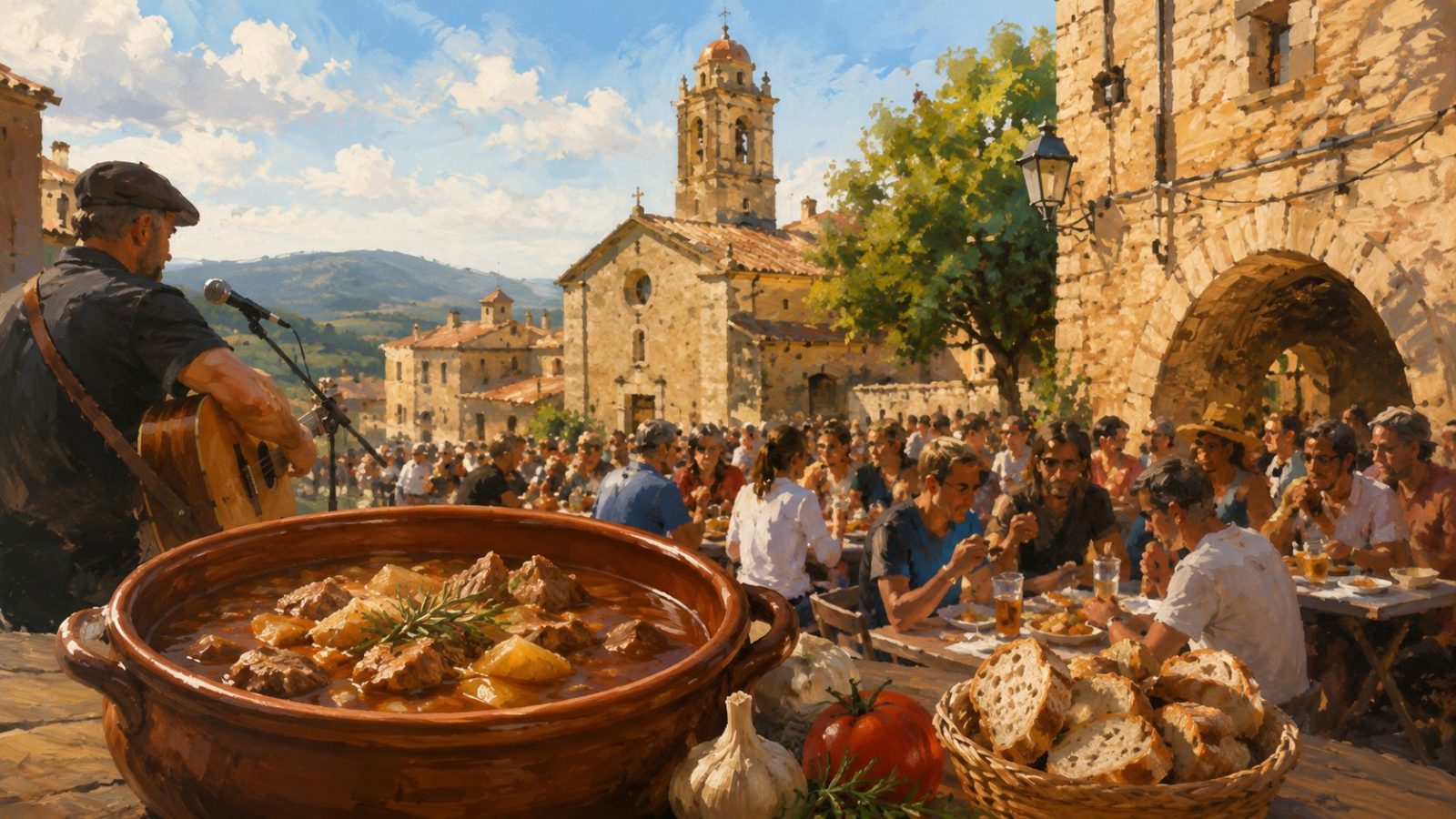Ilustración artística de la Fiesta del Tombet del Maestrat en Albocàsser con gastronomía tradicional y ambiente festivo.