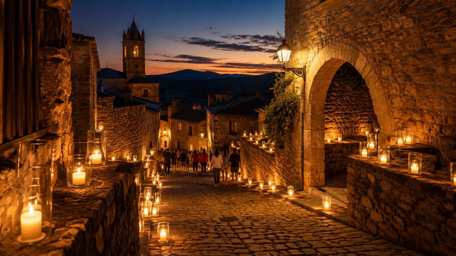 Ilustración artística de la Noche de las Velas de Culla iluminando el casco histórico