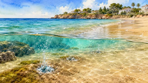 Ilustración artística de la Playa de las Fuentes de Alcossebre con manantiales de agua dulce