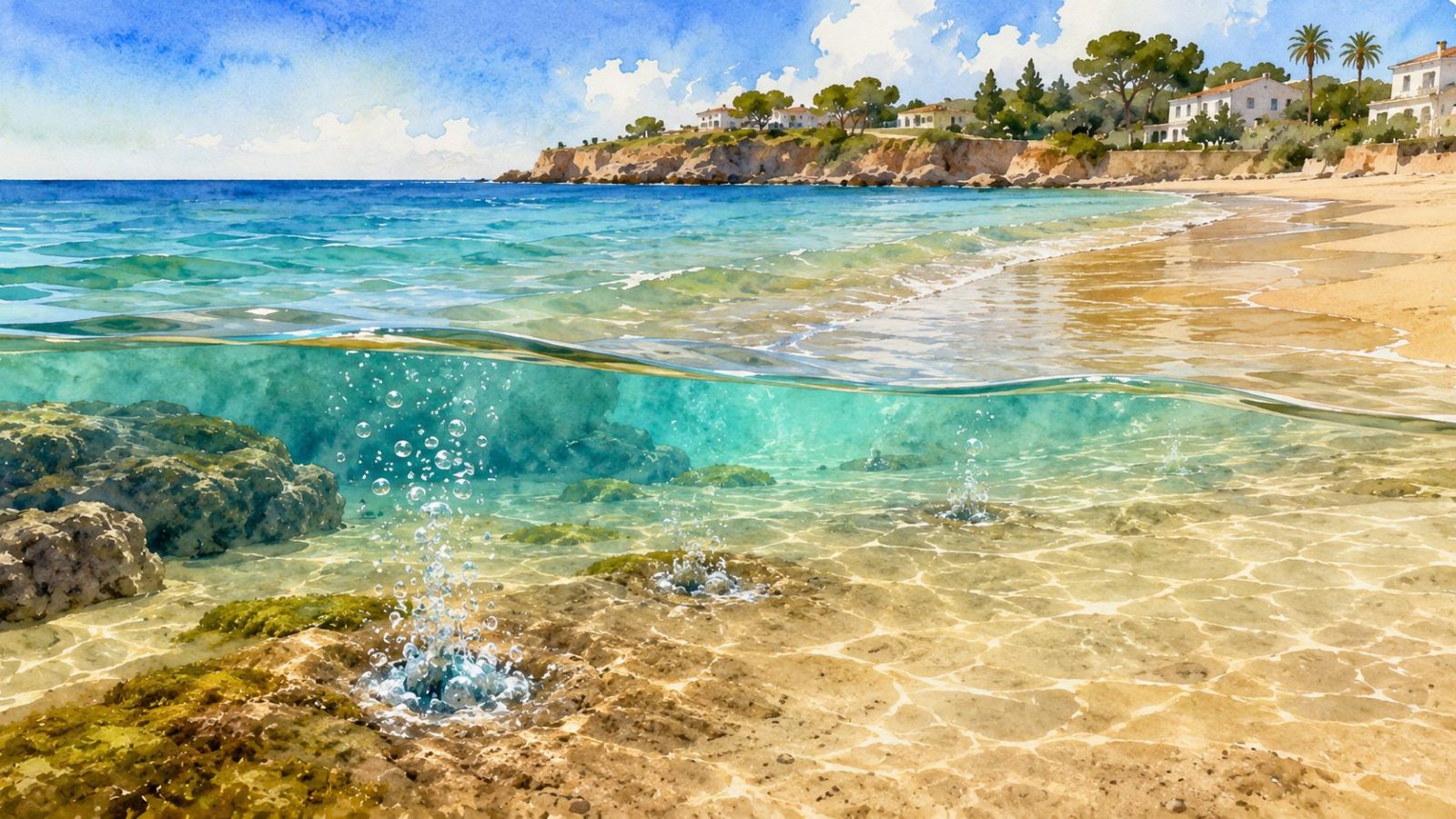 Ilustración artística de la Playa de las Fuentes de Alcossebre con manantiales de agua dulce