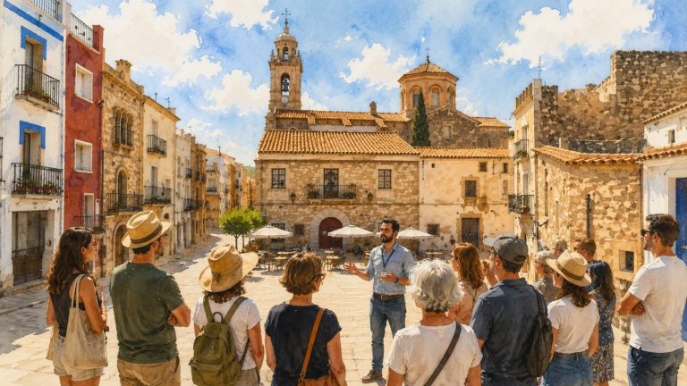 Ilustración de una visita guiada en la Plaza Mayor de Sant Jordi con un grupo de visitantes y la iglesia al fondo.