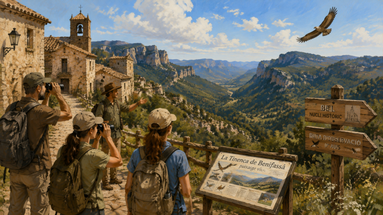 Ilustración de una visita a Bel en Rossell con paisaje de la Tinença de Benifassà y observación de aves en un entorno natural.
