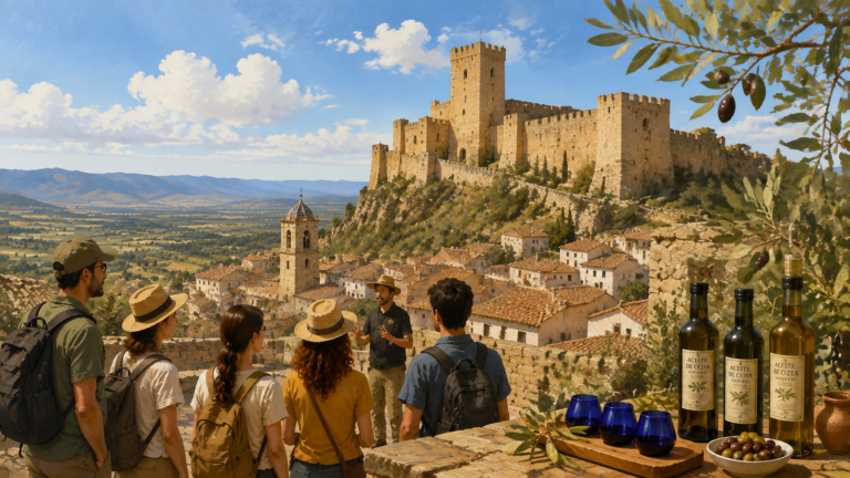 Ilustración de una visita guiada al castillo de Cervera del Maestre con visitantes, paisaje del Maestrat y degustación de aceite de oliva.