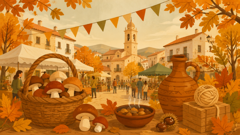 Ilustración de la Fira de la Tardor de San Rafael del Río con una feria de otoño, puestos artesanales y ambiente tradicional.