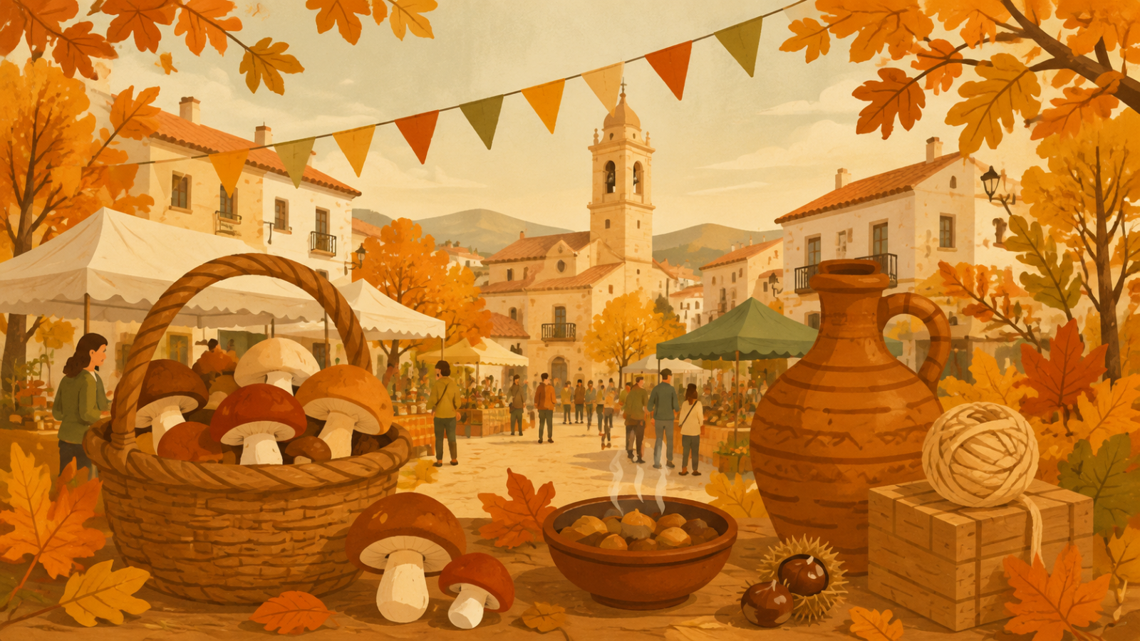 Ilustración de la Fira de la Tardor de San Rafael del Río con una feria de otoño, puestos artesanales y ambiente tradicional.
