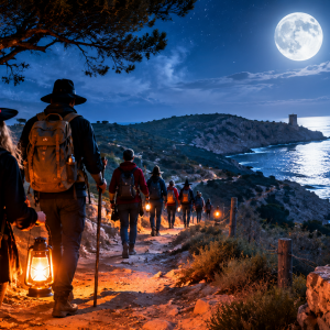 Ilustración de una ruta nocturna de Halloween por la Sierra de Irta con senderistas recorriendo la costa.
