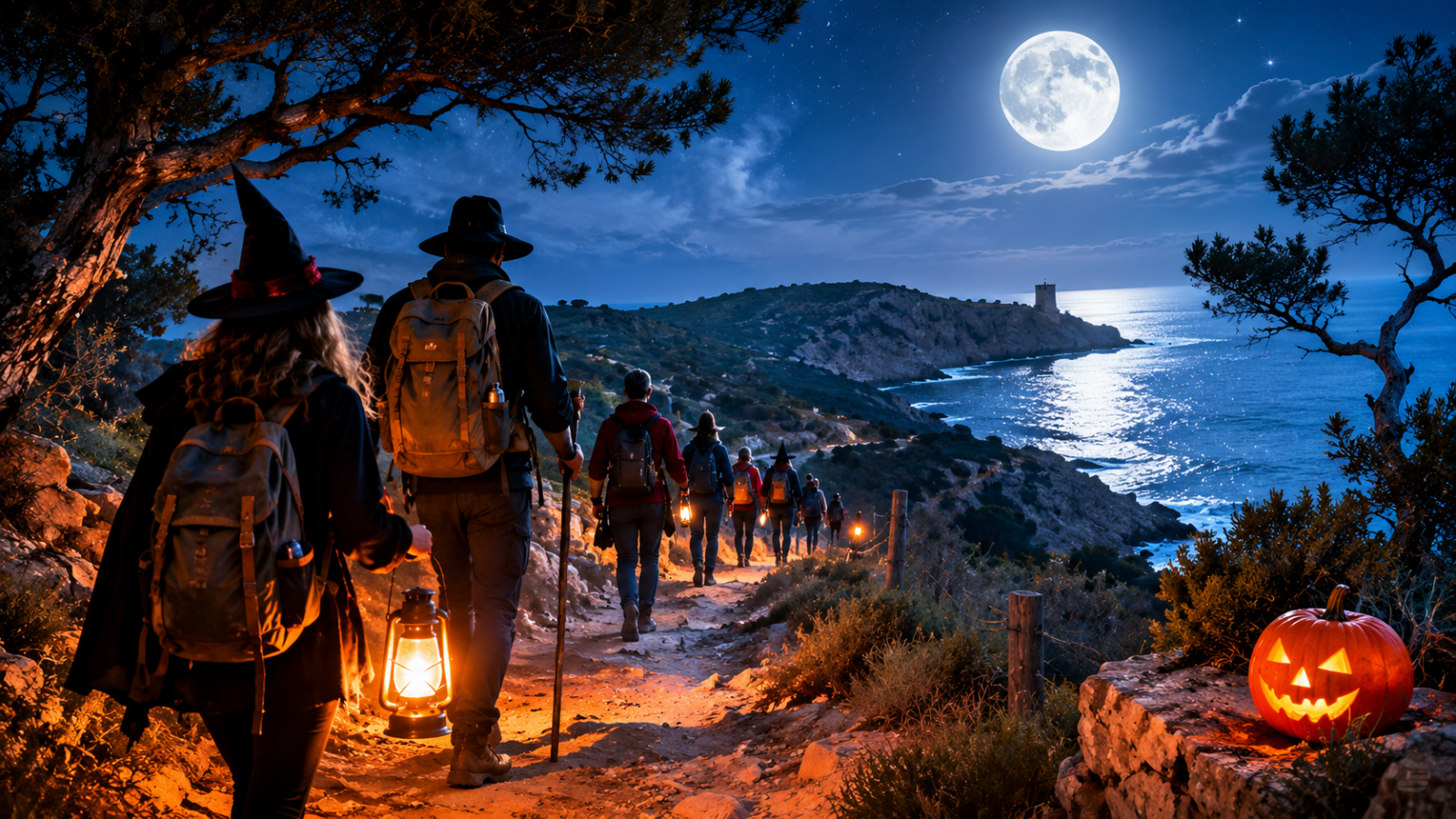 Ilustración de una ruta nocturna de Halloween por la Sierra de Irta con senderistas recorriendo la costa.