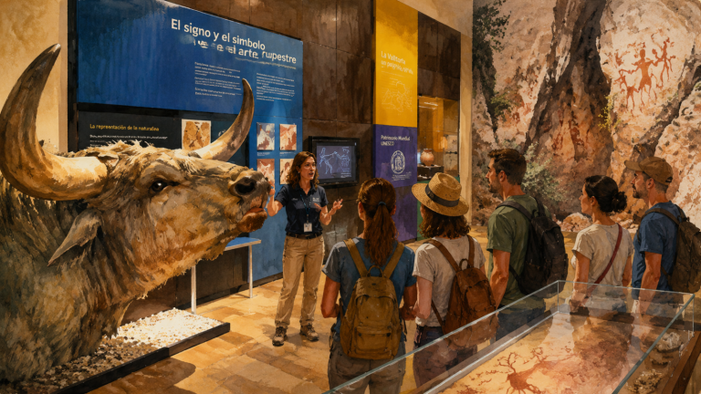 Ilustración de una visita guiada al Museo de la Valltorta en Tírig con exposición de arte rupestre y visitantes descubriendo el patrimonio histórico.