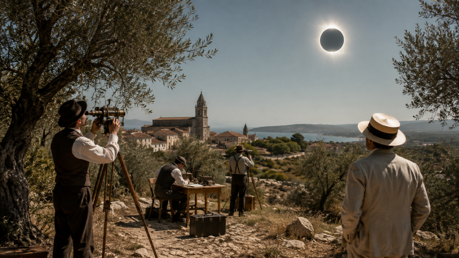 Ilustración artística de astrónomos observando el eclipse de 1905 en Alcalà de Xivert