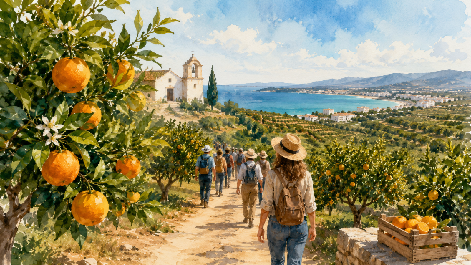 Ilustración de una ruta entre naranjos en Alcalà de Xivert con un grupo de visitantes recorriendo el paisaje agrícola.