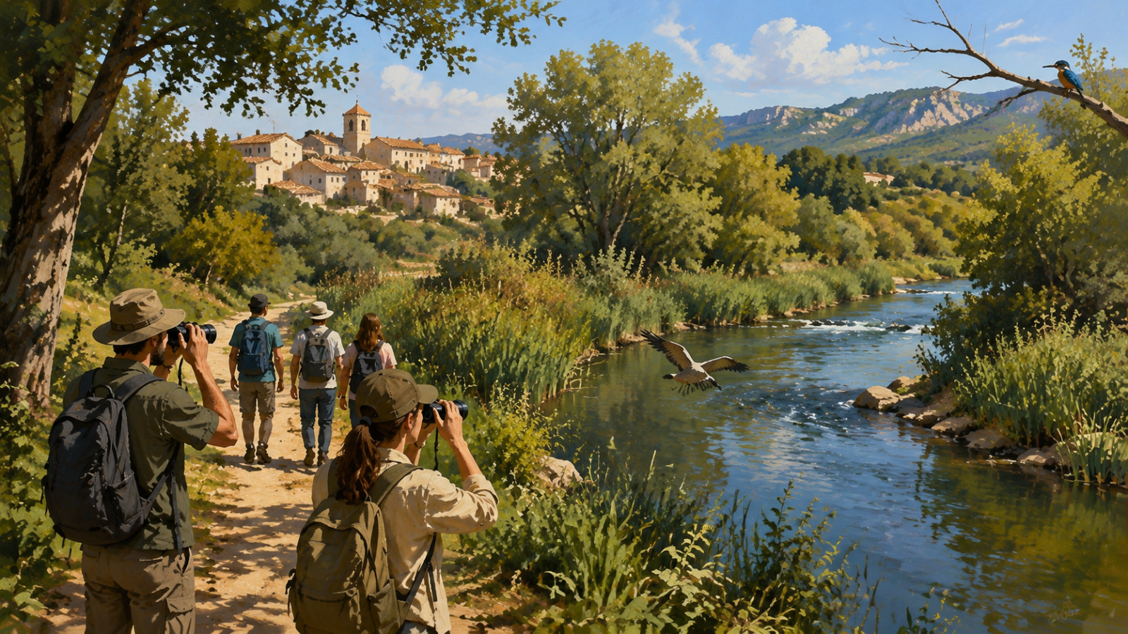 Ilustración de una ruta junto al río Sénia en Sant Rafael del Río con visitantes observando aves en un entorno natural del Maestrat.