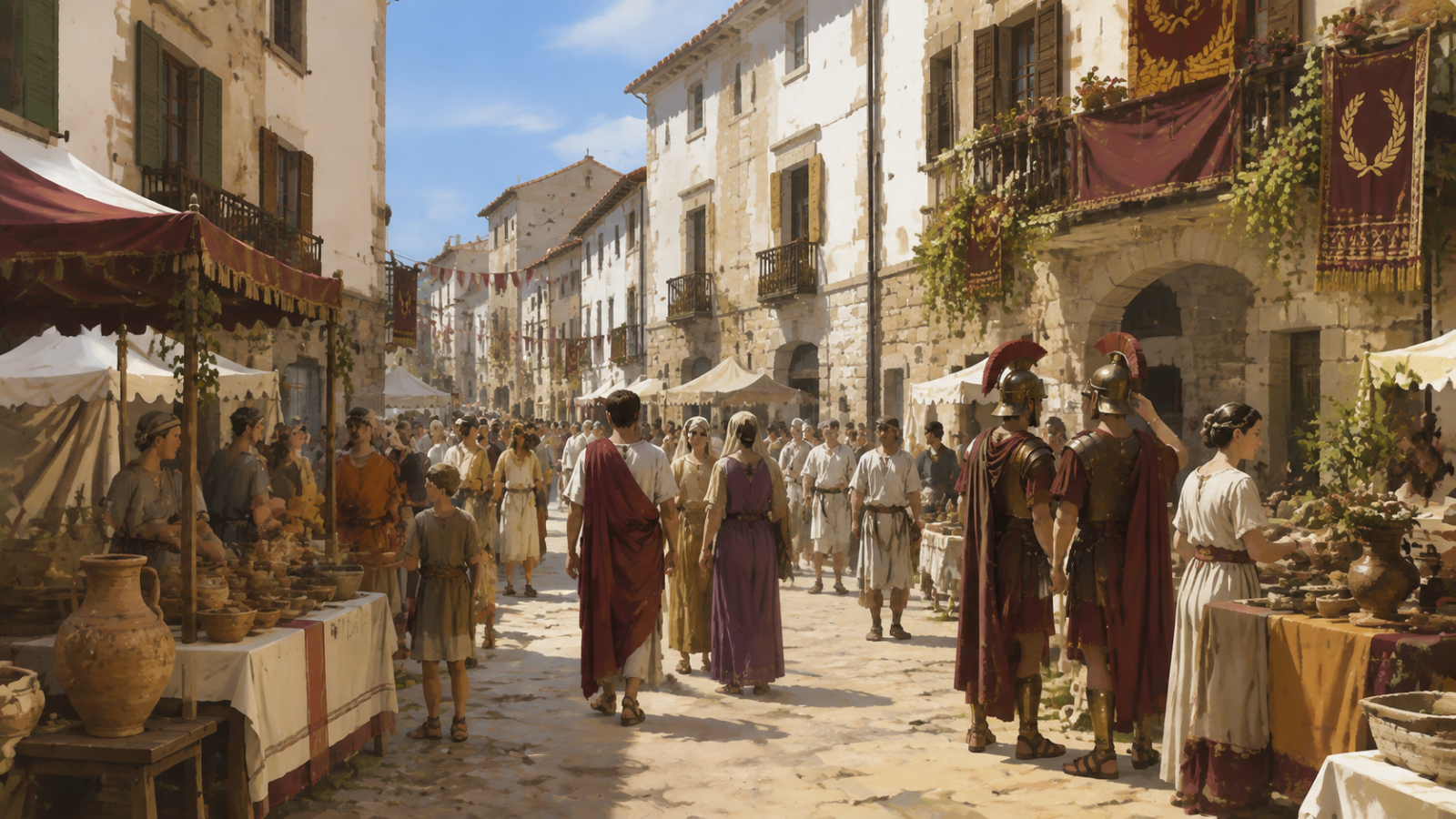 Ilustración de una recreación histórica romana en Traiguera con ambiente de época, mercados y personajes caracterizados.