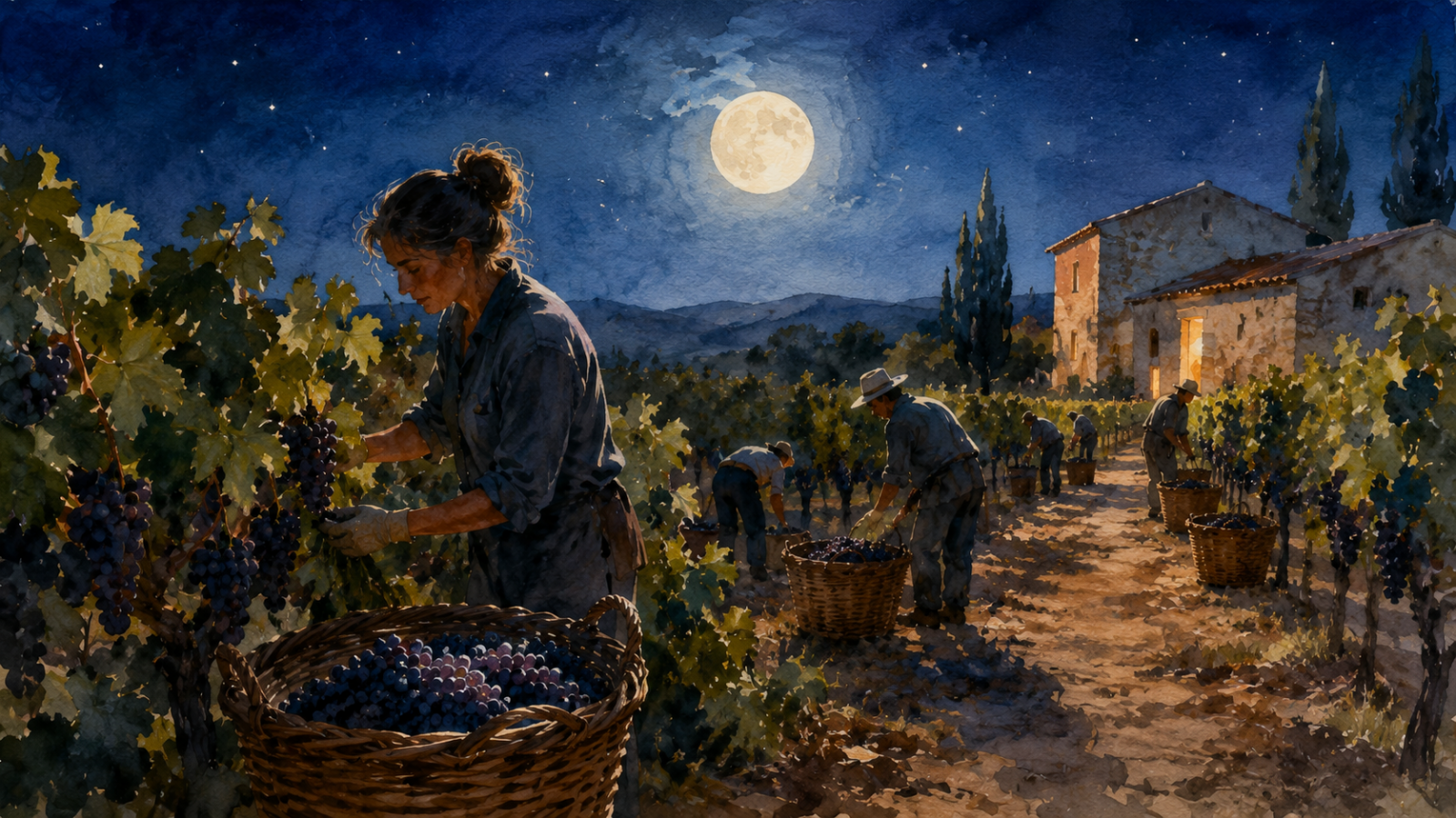 Ilustración de una vendimia bajo la luna llena con participantes recogiendo uvas en un viñedo.