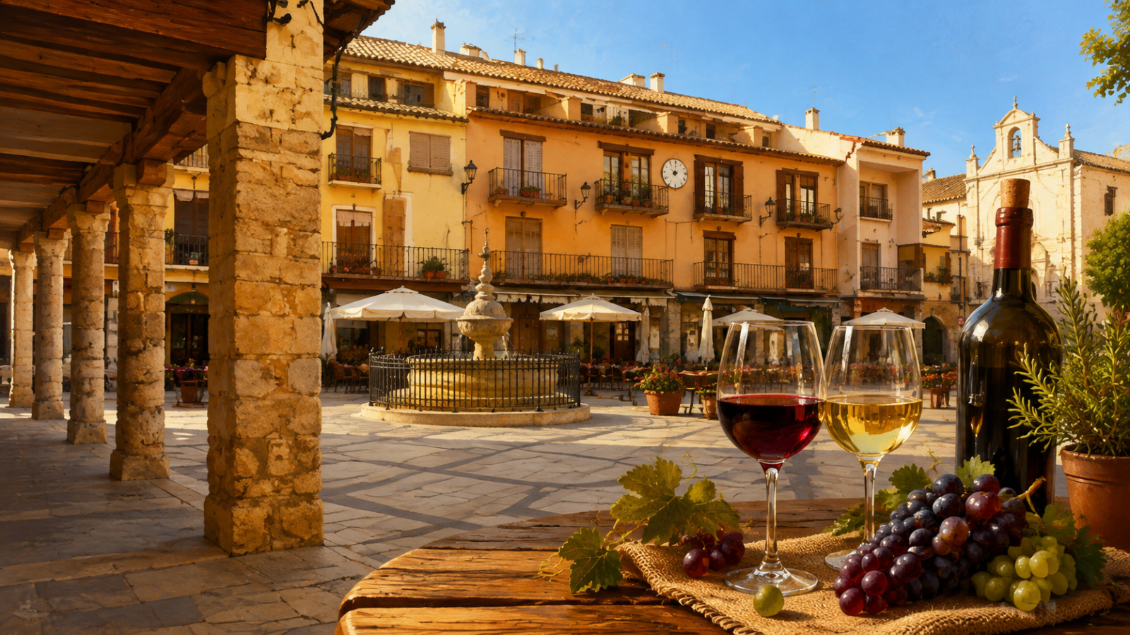 Ilustración de una visita guiada en Sant Mateu con una plaza histórica, copas de vino y uvas como símbolo de la tradición vitivinícola.