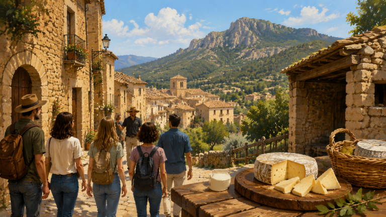 Ilustración de una visita guiada en Xert con calles tradicionales, paisaje del Maestrat y quesos artesanos como símbolo de su tradición ganadera.