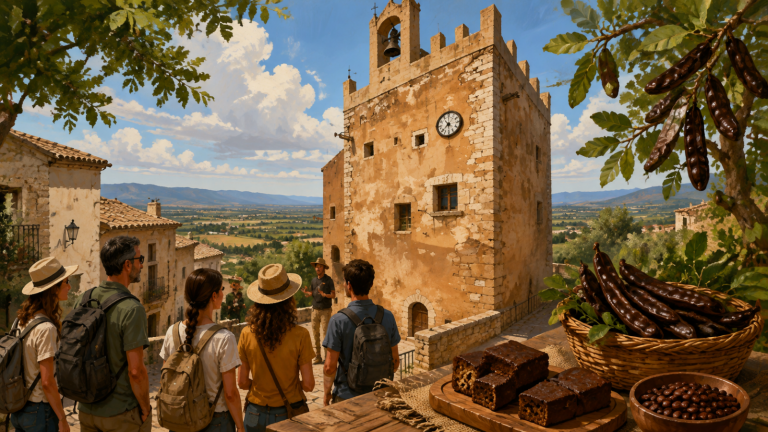 Ilustración de una visita guiada a la Torre de Càlig con visitantes, patrimonio medieval y productos tradicionales de algarroba.