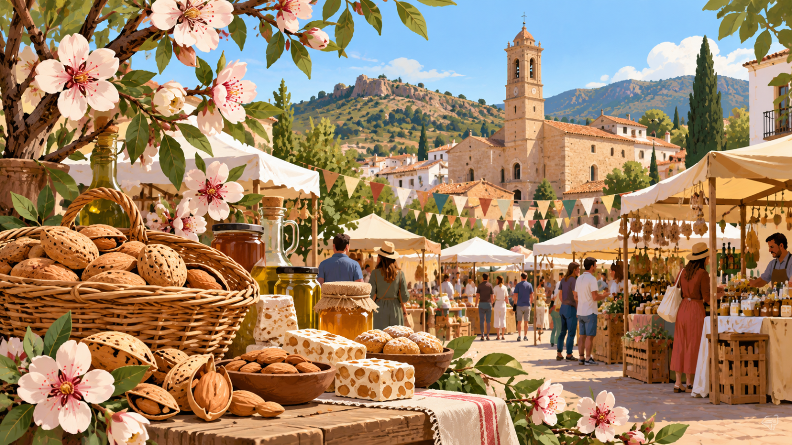Ilustración de la Feria de la Almendra de Albocàsser con almendras, productos locales y puestos de feria.