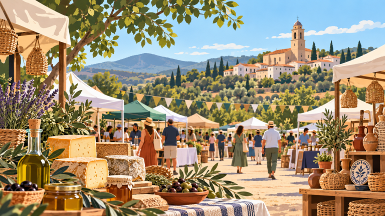 Ilustración de una feria del Maestrat Interior en Càlig con productos locales, artesanía, gastronomía y ambiente festivo.