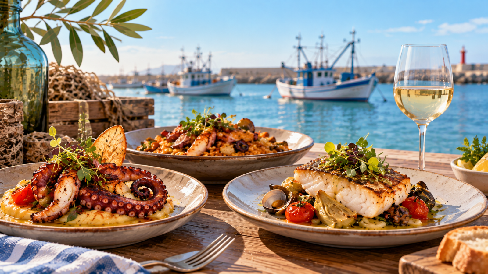 Ilustración de unas jornadas gastronómicas en Benicarló con platos de pulpo, pescado y marisco de la cocina mediterránea.