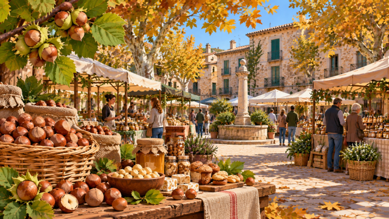 Ilustración del Mercado de la Avellana de Benassal con avellanas, productos locales y puestos gastronómicos en una plaza.