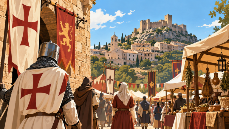 Ilustración de una recreación histórica medieval en Culla con caballeros, personajes de época y un mercado medieval.