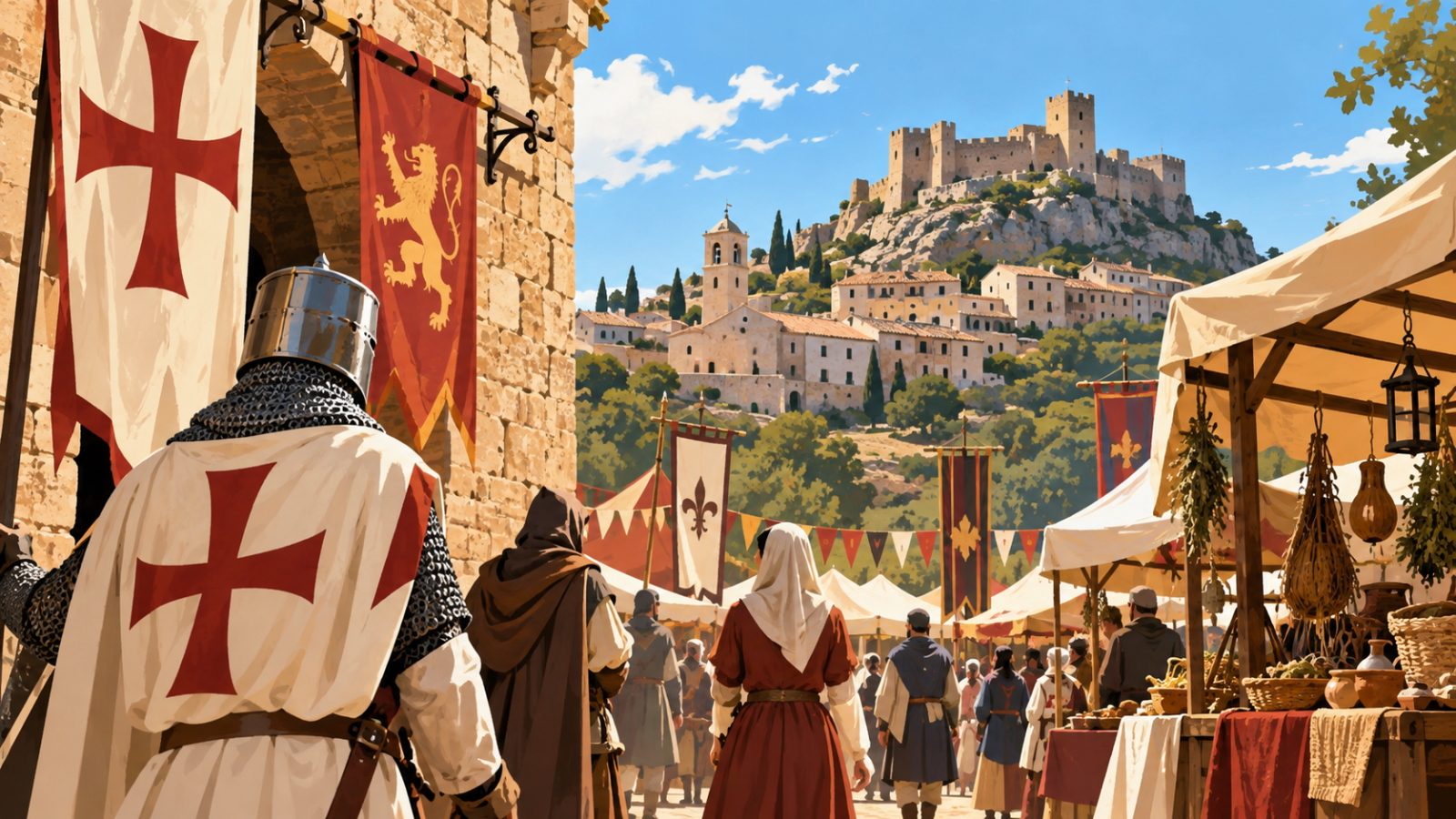 Ilustración de una recreación histórica medieval en Culla con caballeros, personajes de época y un mercado medieval.