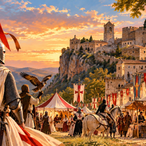 Ilustración de Castellote Templaria 2026 con caballeros templarios, mercado medieval y fortaleza histórica.