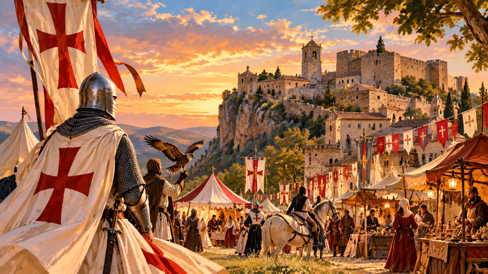 Ilustración de Castellote Templaria 2026 con caballeros templarios, mercado medieval y fortaleza histórica.