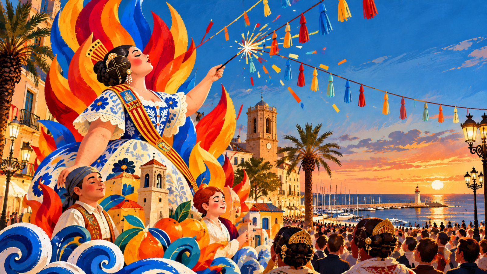 Ilustración de las Fallas de Benicarló 2027 con ambiente festivo, monumento fallero y elementos tradicionales.