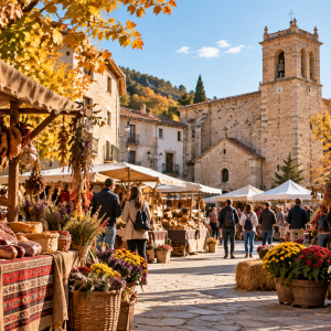 Ilustración de la Feria de Todos los Santos de Vistabella del Maestrat con puestos de productos locales y ambiente otoñal.